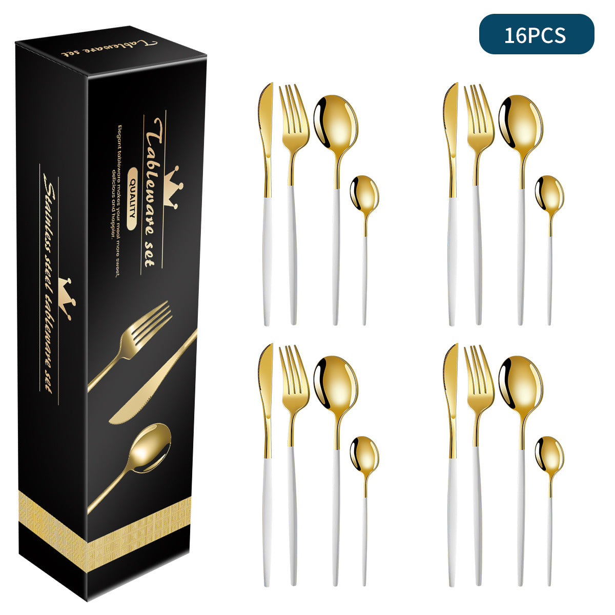 FREE SHIPPING! White And Gold Stainless Steel 16-Piece Flatware Set