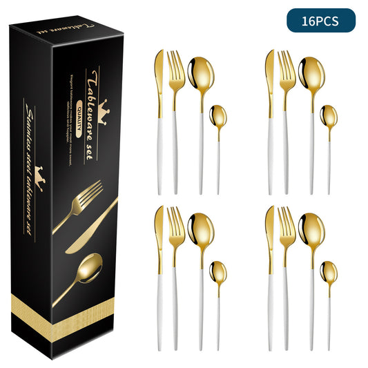 FREE SHIPPING! White And Gold Stainless Steel 16-Piece Flatware Set