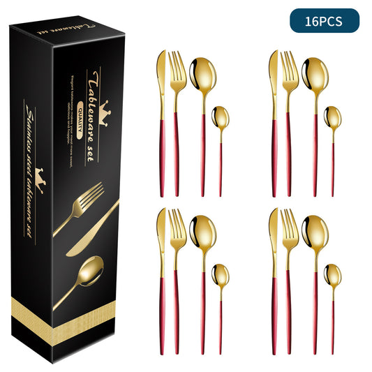 FREE SHIPPING! Red And Gold Patchwork Stainless Steel 16-Piece Flatware Set