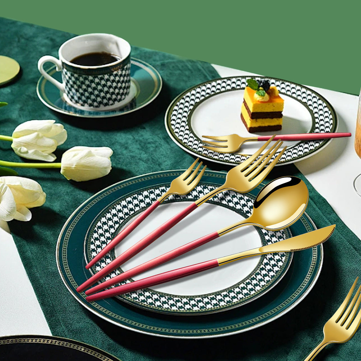 FREE SHIPPING! Red And Gold Patchwork Stainless Steel 16-Piece Flatware Set